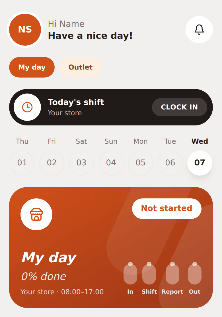 The home screen before clocking in